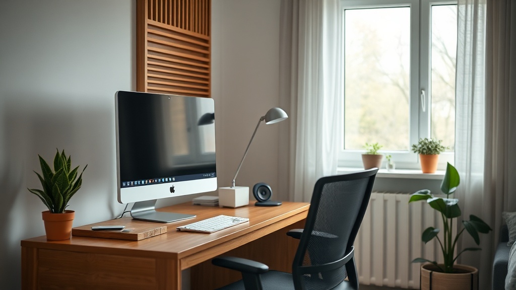 Biurko z monitorem przy oknie w pokoju w bloku, fotel biurowy i panel lamelowy na ścianie za plecami