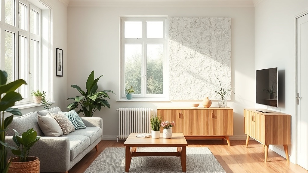 Salon w stylu skandynawskim z płytą gipsową PCM na ścianie i komodą zawierającą PCM, naturalne światło słoneczne.