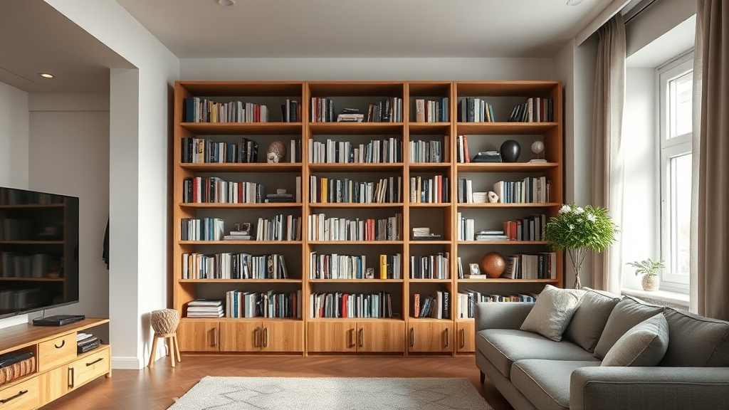 Regał biblioteczka-dyfuzor QRD w salonie z książkami, poprawiający akustykę pomieszczenia, drewniane wykończenie, naturalne światło.
