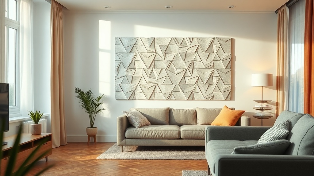 Panel PCM na ścianie w salonie polskiego mieszkania, naturalne światło, drewniana podłoga, minimalistyczne meble.