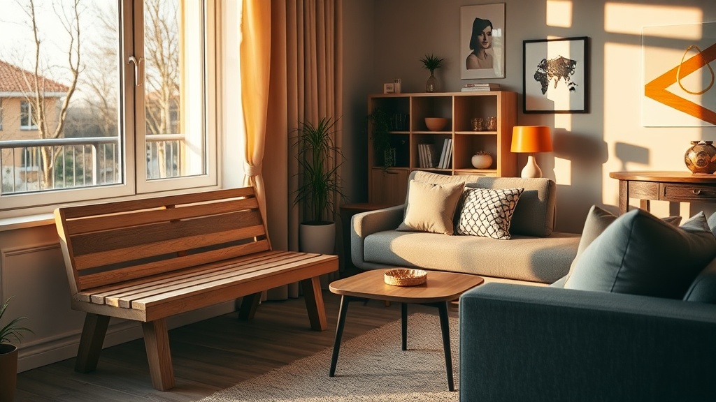 Nowoczesny salon z drewnianą ławką i sofą wyposażoną w materiały PCM, stabilizujące temperaturę w pomieszczeniu.