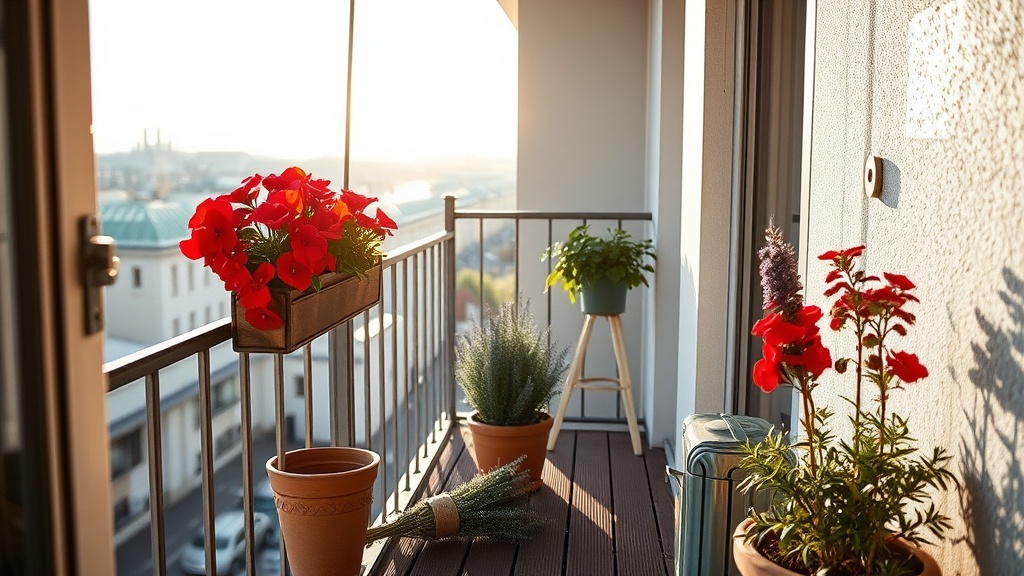 Balkon w bloku ze skrzynkami pelargonii zamocowanymi po wewnętrznej stronie metalowej balustrady i donicą lawendy na podłodze