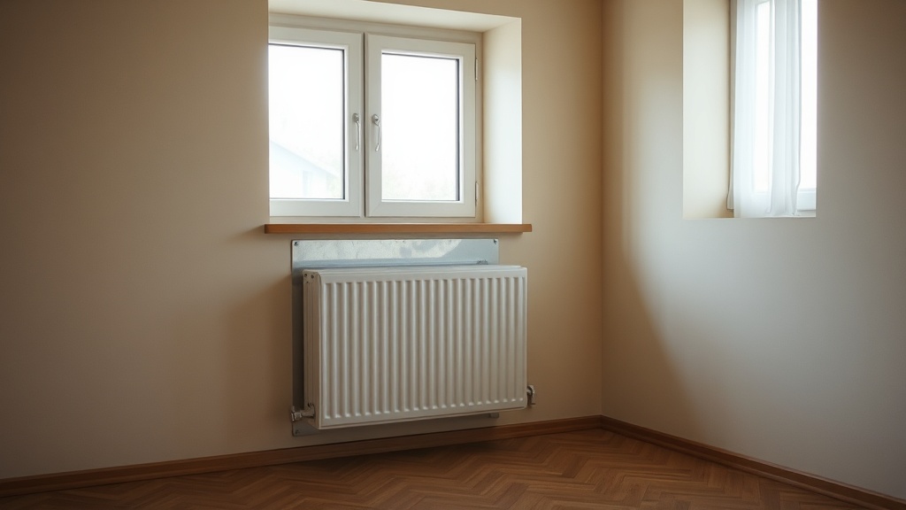 Biały grzejnik płytowy pod oknem we wnęce podokiennej, z matą refleksyjną na ścianie, w polskim mieszkaniu w bloku