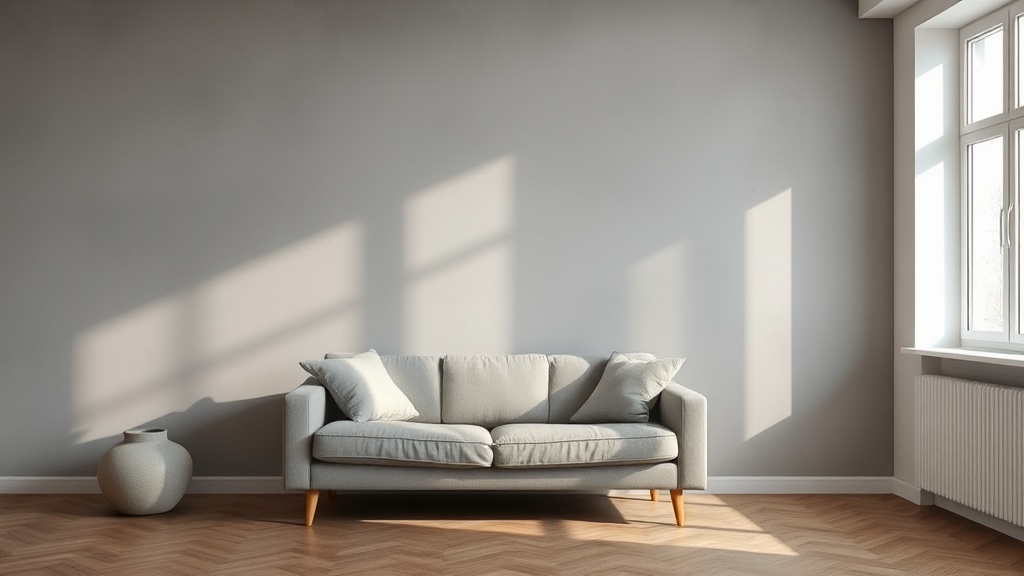 Ściana w salonie polskiego mieszkania wykończona gładkim szarym mikrocementem, obok lniana sofa i drewniana podłoga